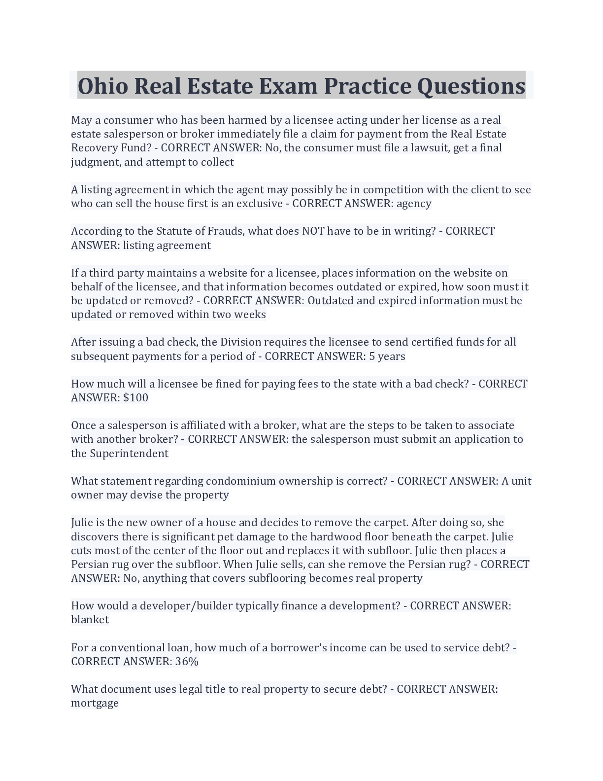 Preview image for Ohio Real Estate Exam Practice Questions And Answers